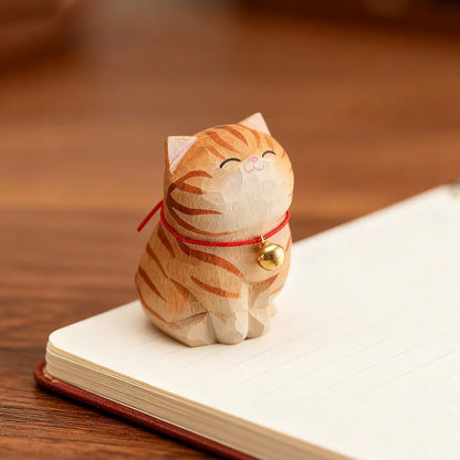 Cute Cat Animals Figurine Decorative Wooden  Ornament Kitten Statue Calico Coffee Home Bedroom Office Desk Decoration Gift Car