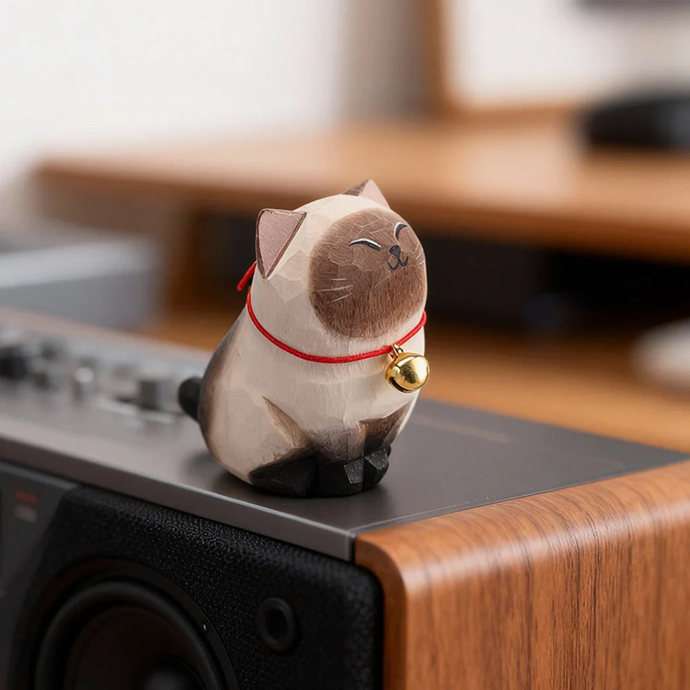 Cute Cat Animals Figurine Decorative Wooden  Ornament Kitten Statue Calico Coffee Home Bedroom Office Desk Decoration Gift Car