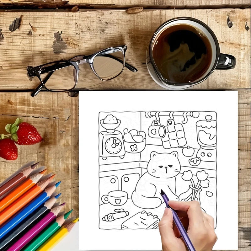 28 Pages Cat's Daily Life Coloring Book for Adult | Colouring Book, Drawing Supplies for Christmas, Thanksgiving