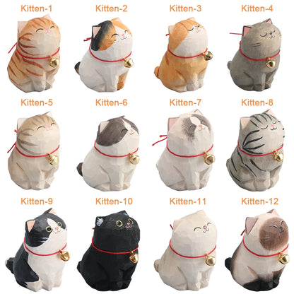Cute Cat Animals Figurine Decorative Wooden  Ornament Kitten Statue Calico Coffee Home Bedroom Office Desk Decoration Gift Car