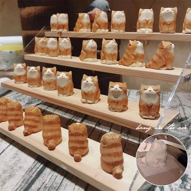 Hand Carving Wooden Cat Statue Cute Mini Cat Statues Home Office Desktop Decor Handmade Wood Kitten Carving Gift for Cat Lovers
