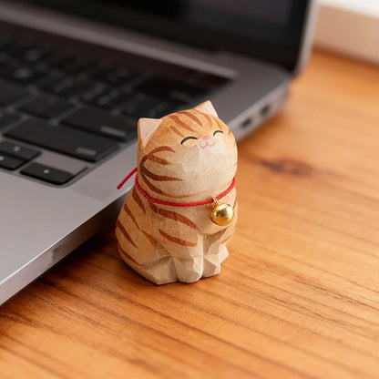 Cute Cat Animals Figurine Decorative Wooden  Ornament Kitten Statue Calico Coffee Home Bedroom Office Desk Decoration Gift Car