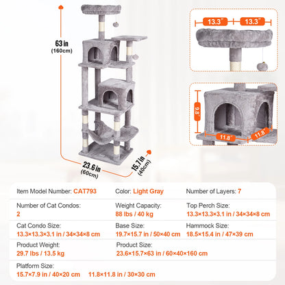 SucceBuy Cat Tree for Indoor Cats Cat Tower with Cat Condo Sisal Scratching Post HammockTop Perch Jumping Platforms Dark Grey