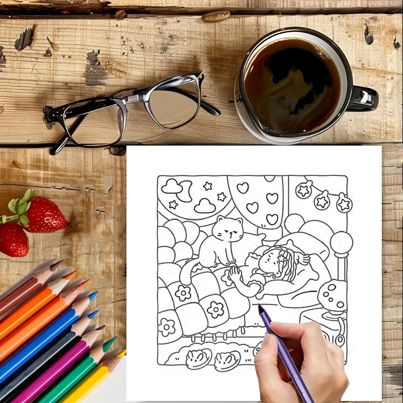 28 Pages Cat's Daily Life Coloring Book for Adult | Colouring Book, Drawing Supplies for Christmas, Thanksgiving