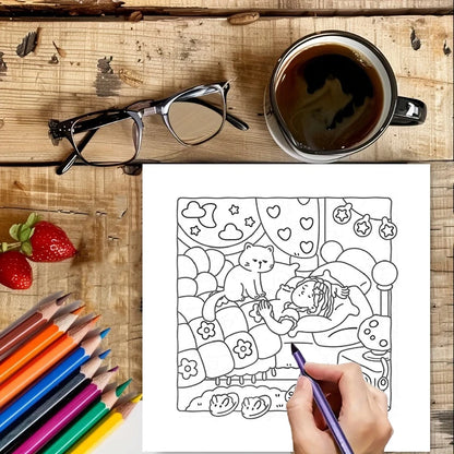 28 Pages Cat's Daily Life Coloring Book for Adult | Colouring Book, Drawing Supplies for Christmas, Thanksgiving