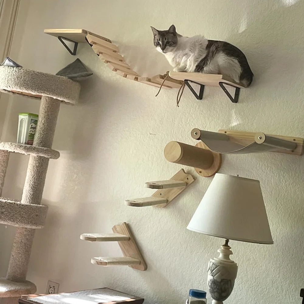 Cat Tree Wall Mounted Cat Climbing Wood Shelves Cat Jumping Platform or Hammock with Stairway for Kitten Playground Furniture