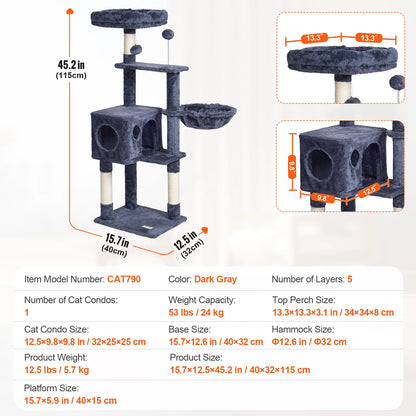 SucceBuy Cat Tree for Indoor Cats Cat Tower with Cat Condo Sisal Scratching Post HammockTop Perch Jumping Platforms Dark Grey