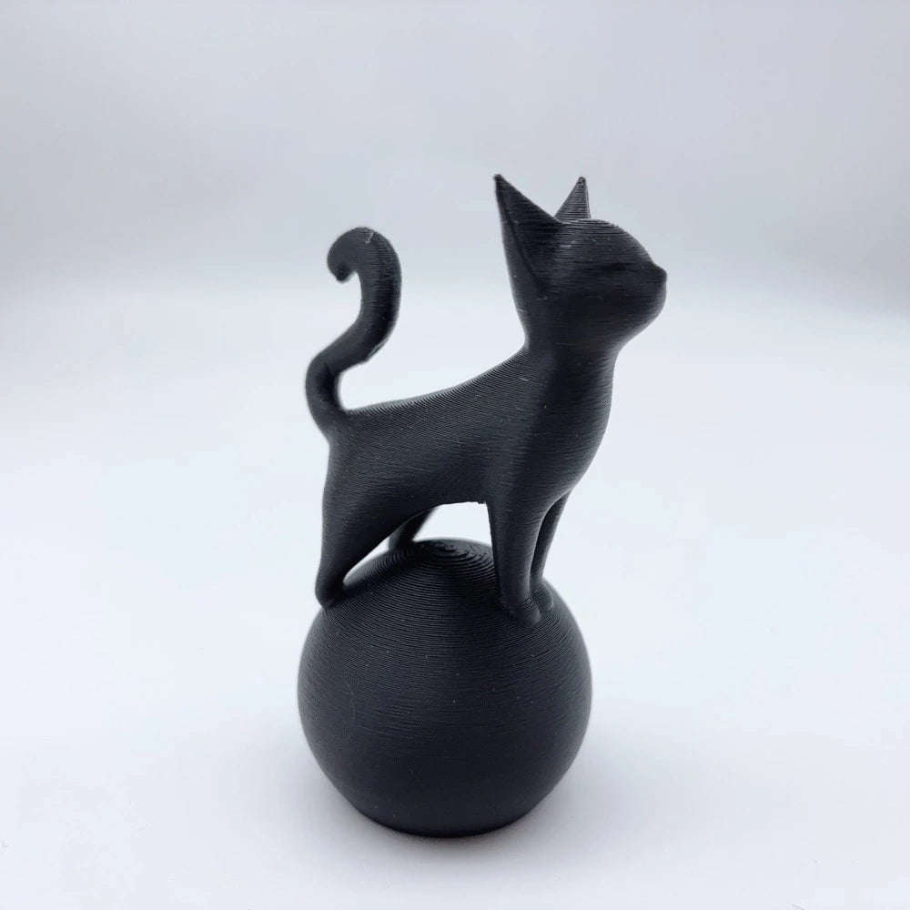 Cat Sculpture on The Ball -3D Artistic Sitting Cat Statue, Minimally Black Decoration, Cat Spherical Base Decorative Ornament