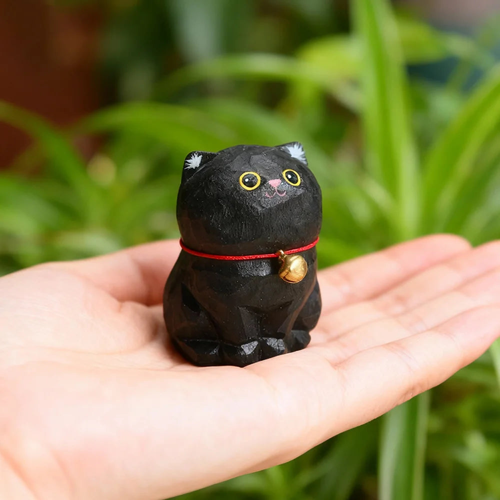 Cute Cat Animals Figurine Decorative Wooden  Ornament Kitten Statue Calico Coffee Home Bedroom Office Desk Decoration Gift Car