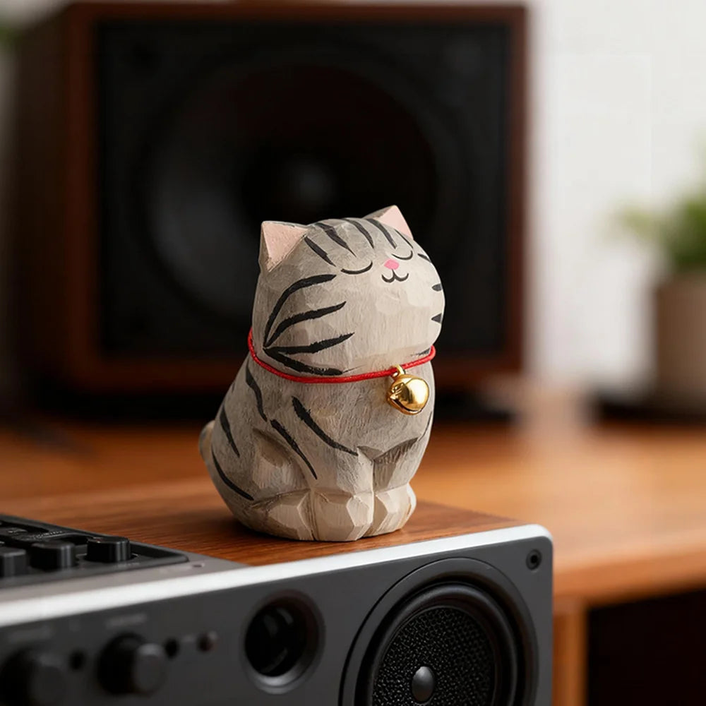 Cute Cat Animals Figurine Decorative Wooden  Ornament Kitten Statue Calico Coffee Home Bedroom Office Desk Decoration Gift Car