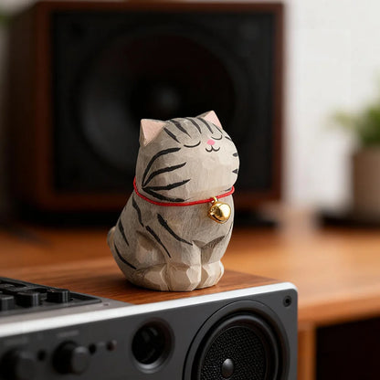 Cute Cat Animals Figurine Decorative Wooden  Ornament Kitten Statue Calico Coffee Home Bedroom Office Desk Decoration Gift Car