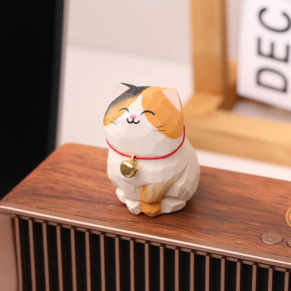 Cute Cat Animals Figurine Decorative Wooden  Ornament Kitten Statue Calico Coffee Home Bedroom Office Desk Decoration Gift Car