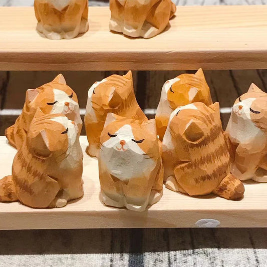 Hand Carving Wooden Cat Statue Cute Mini Cat Statues Home Office Desktop Decor Handmade Wood Kitten Carving Gift for Cat Lovers