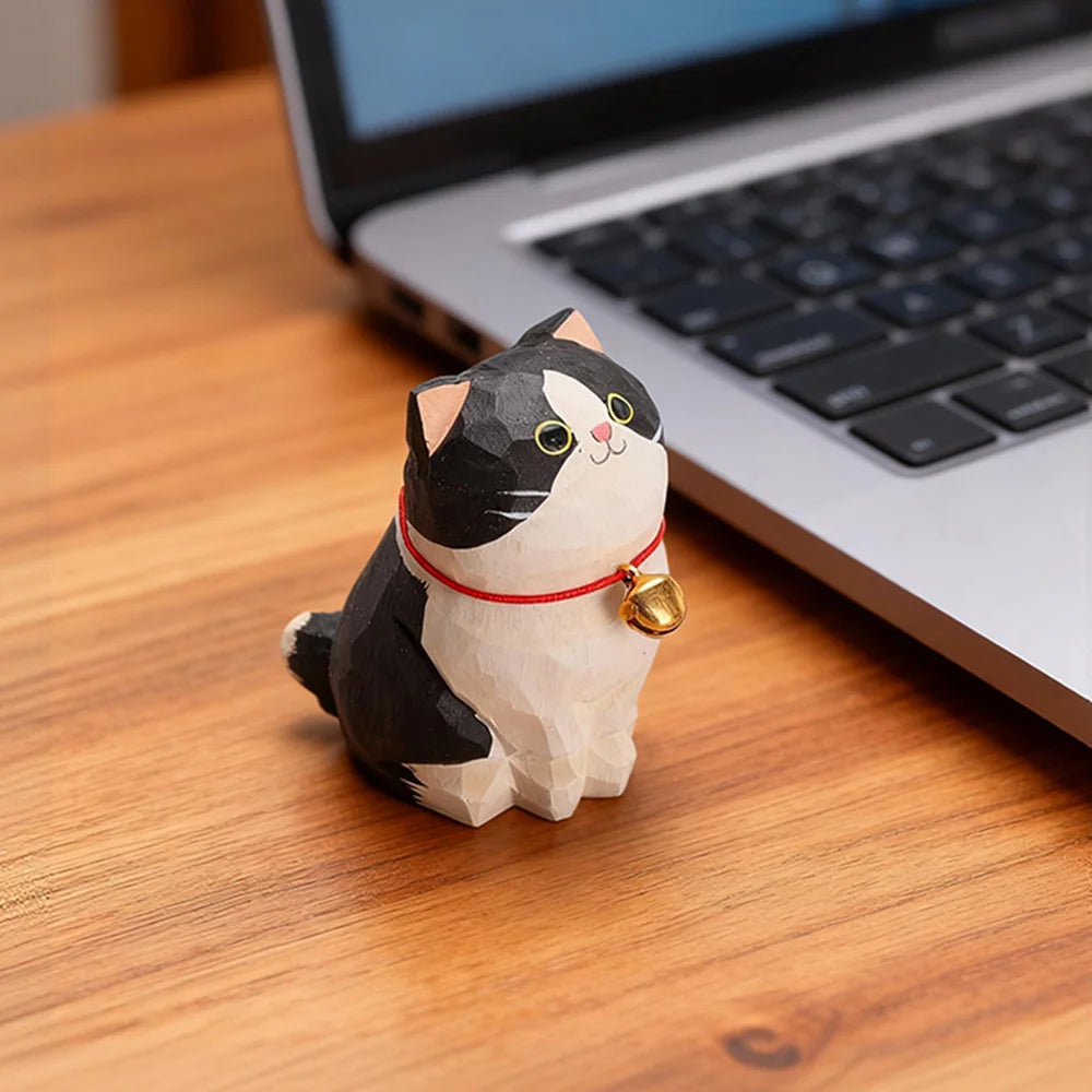 Cute Cat Animals Figurine Decorative Wooden  Ornament Kitten Statue Calico Coffee Home Bedroom Office Desk Decoration Gift Car
