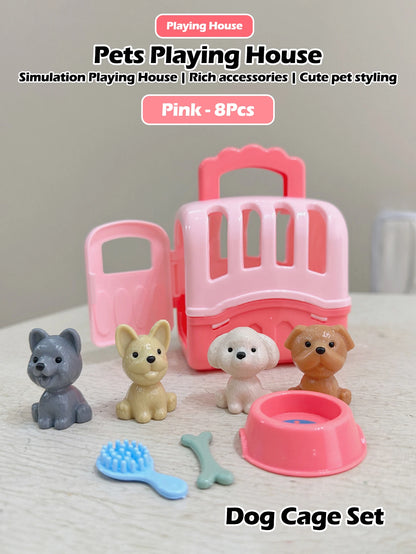 Cute Dog Pet Basket Family Toys Dog Doll Set Dog Cage Toys Scene Playing Toys Christmas Decoration and Thanksgiving Gifts