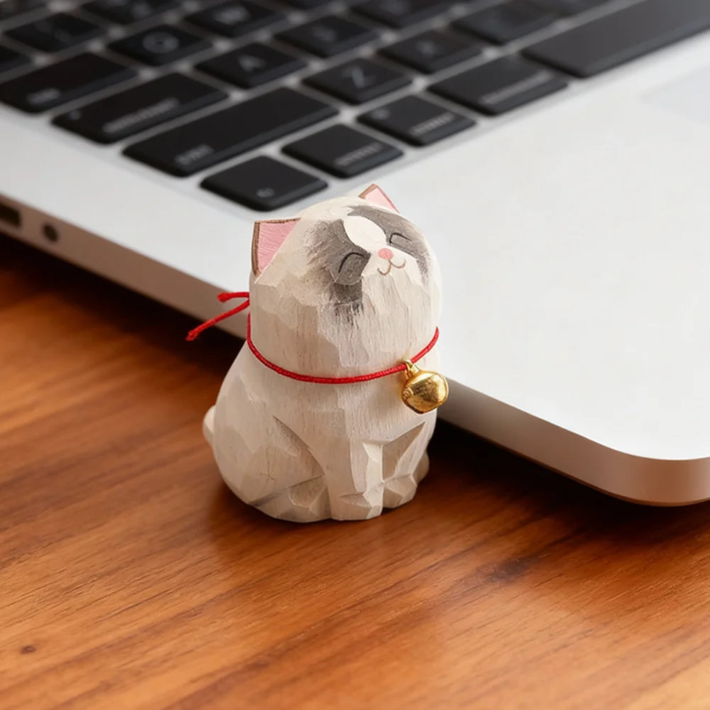 Cute Cat Animals Figurine Decorative Wooden  Ornament Kitten Statue Calico Coffee Home Bedroom Office Desk Decoration Gift Car