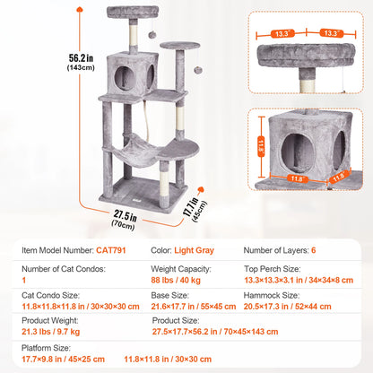 SucceBuy Cat Tree for Indoor Cats Cat Tower with Cat Condo Sisal Scratching Post HammockTop Perch Jumping Platforms Dark Grey