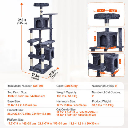 SucceBuy Cat Tree for Indoor Cats Cat Tower with Cat Condo Sisal Scratching Post HammockTop Perch Jumping Platforms Dark Grey
