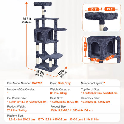 SucceBuy Cat Tree for Indoor Cats Cat Tower with Cat Condo Sisal Scratching Post HammockTop Perch Jumping Platforms Dark Grey