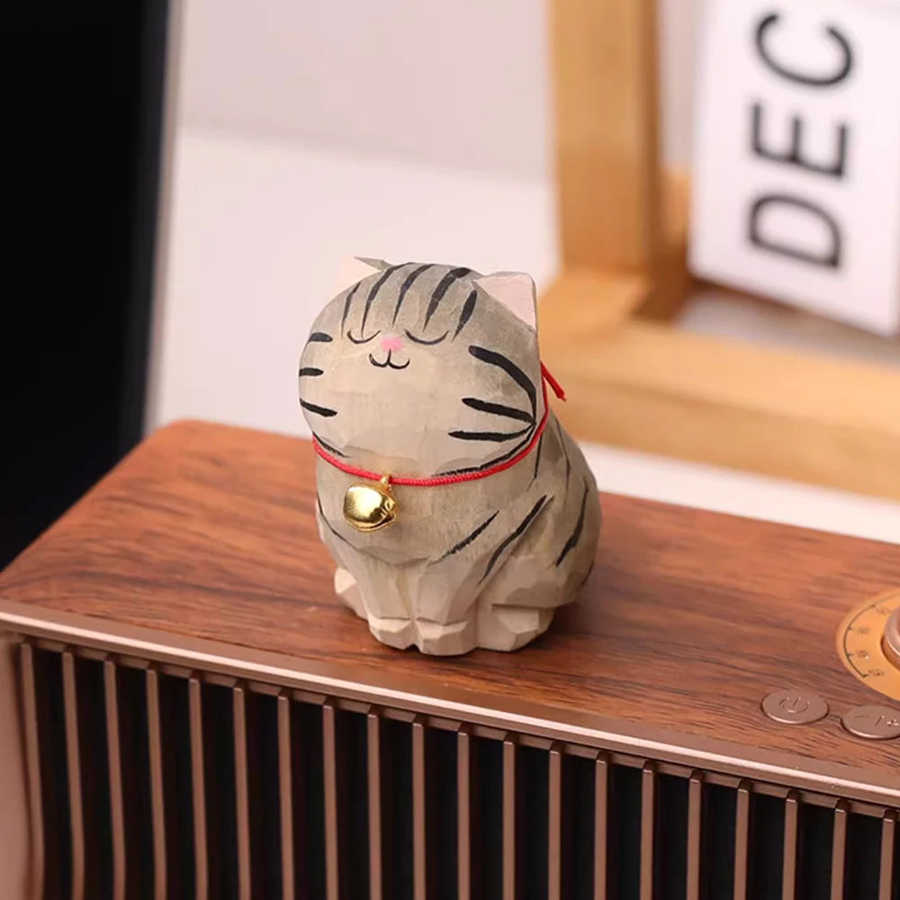 Cute Cat Animals Figurine Decorative Wooden  Ornament Kitten Statue Calico Coffee Home Bedroom Office Desk Decoration Gift Car