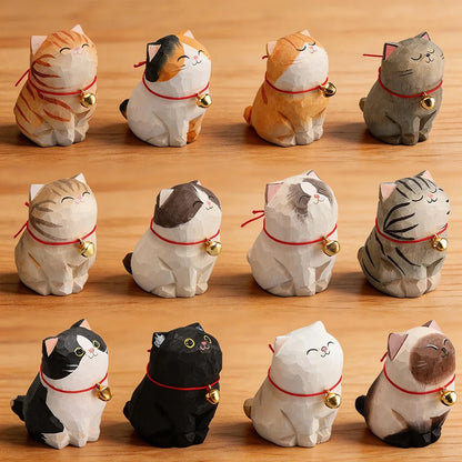 Cute Cat Animals Figurine Decorative Wooden  Ornament Kitten Statue Calico Coffee Home Bedroom Office Desk Decoration Gift Car
