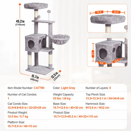 SucceBuy Cat Tree for Indoor Cats Cat Tower with Cat Condo Sisal Scratching Post HammockTop Perch Jumping Platforms Dark Grey