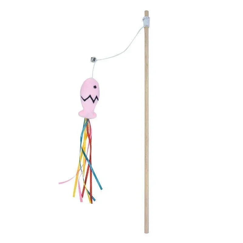 Fashion Cat Wand Toy, Natural Wooden Cat Teaser Wand for Cat, Interactive Elastic String Cat Stick Pole Toy for Indoor Cats