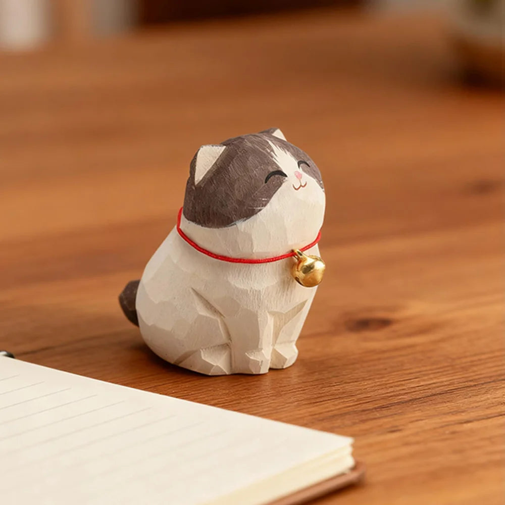 Cute Cat Animals Figurine Decorative Wooden  Ornament Kitten Statue Calico Coffee Home Bedroom Office Desk Decoration Gift Car