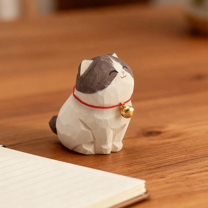 Cute Cat Animals Figurine Decorative Wooden  Ornament Kitten Statue Calico Coffee Home Bedroom Office Desk Decoration Gift Car