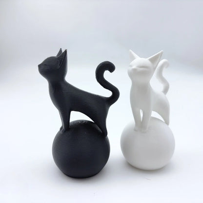 Cat Sculpture on The Ball -3D Artistic Sitting Cat Statue, Minimally Black Decoration, Cat Spherical Base Decorative Ornament
