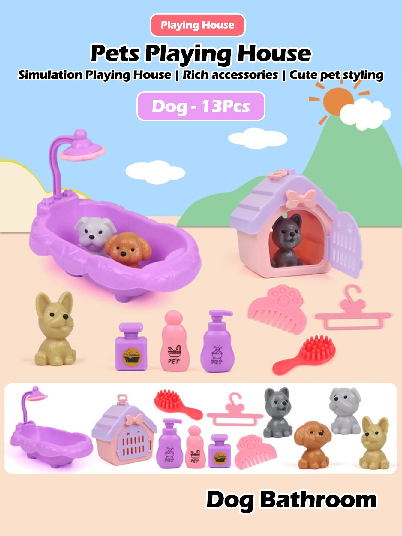 Cute Dog Pet Basket Family Toys Dog Doll Set Dog Cage Toys Scene Playing Toys Christmas Decoration and Thanksgiving Gifts