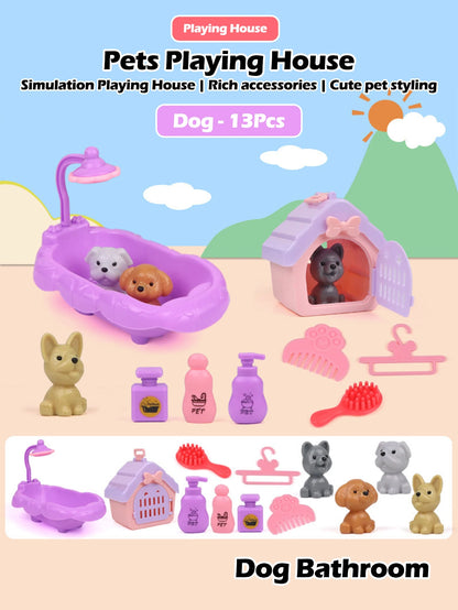 Cute Dog Pet Basket Family Toys Dog Doll Set Dog Cage Toys Scene Playing Toys Christmas Decoration and Thanksgiving Gifts